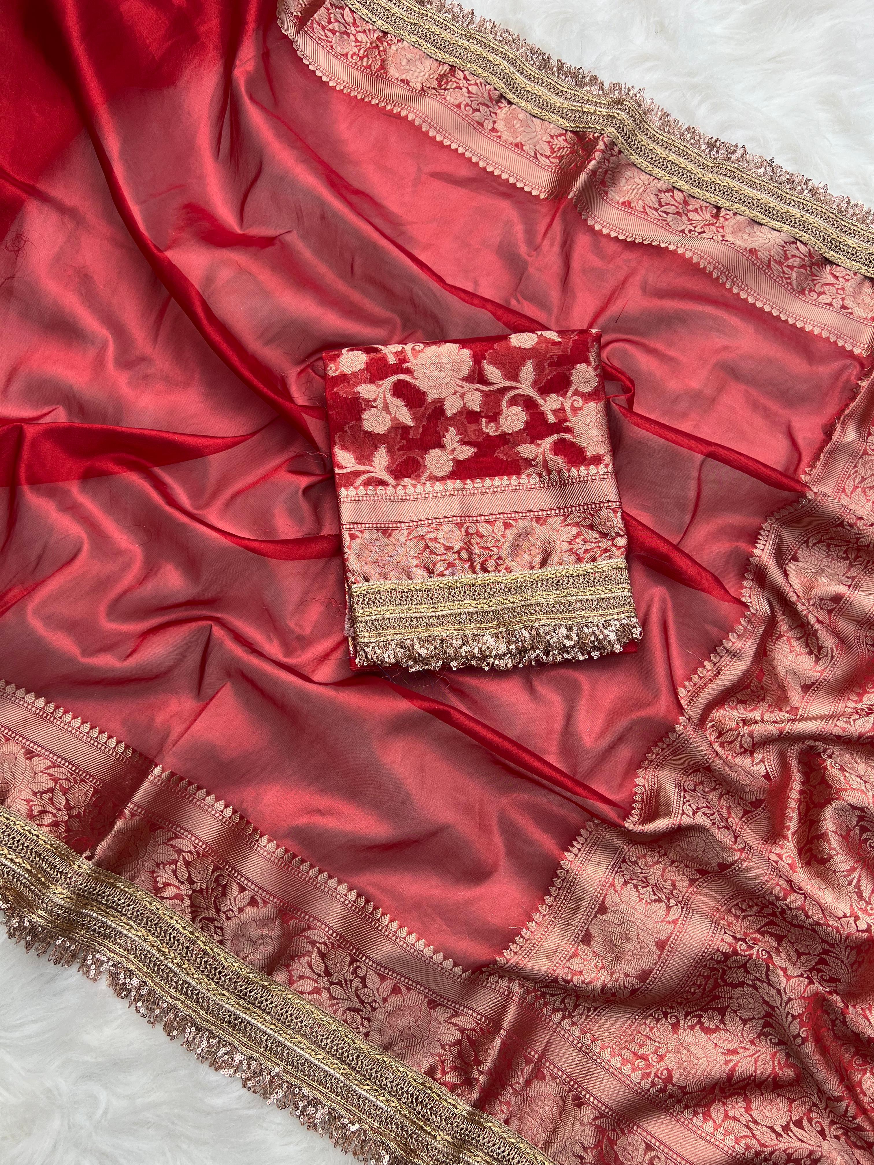 RangDhaaga Red Banarasi Tissue Silk Saree with Rich Pallu and Lacework